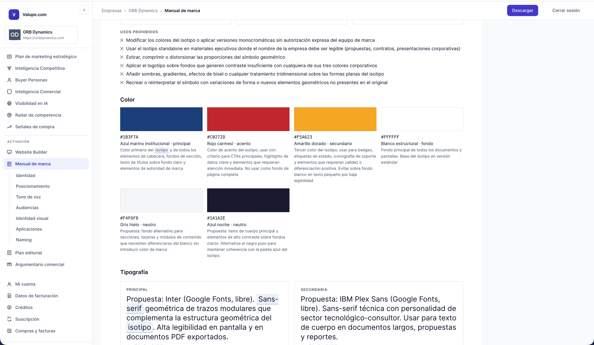 Manual de marca, argumentario comercial y plan editorial generados por Valupe