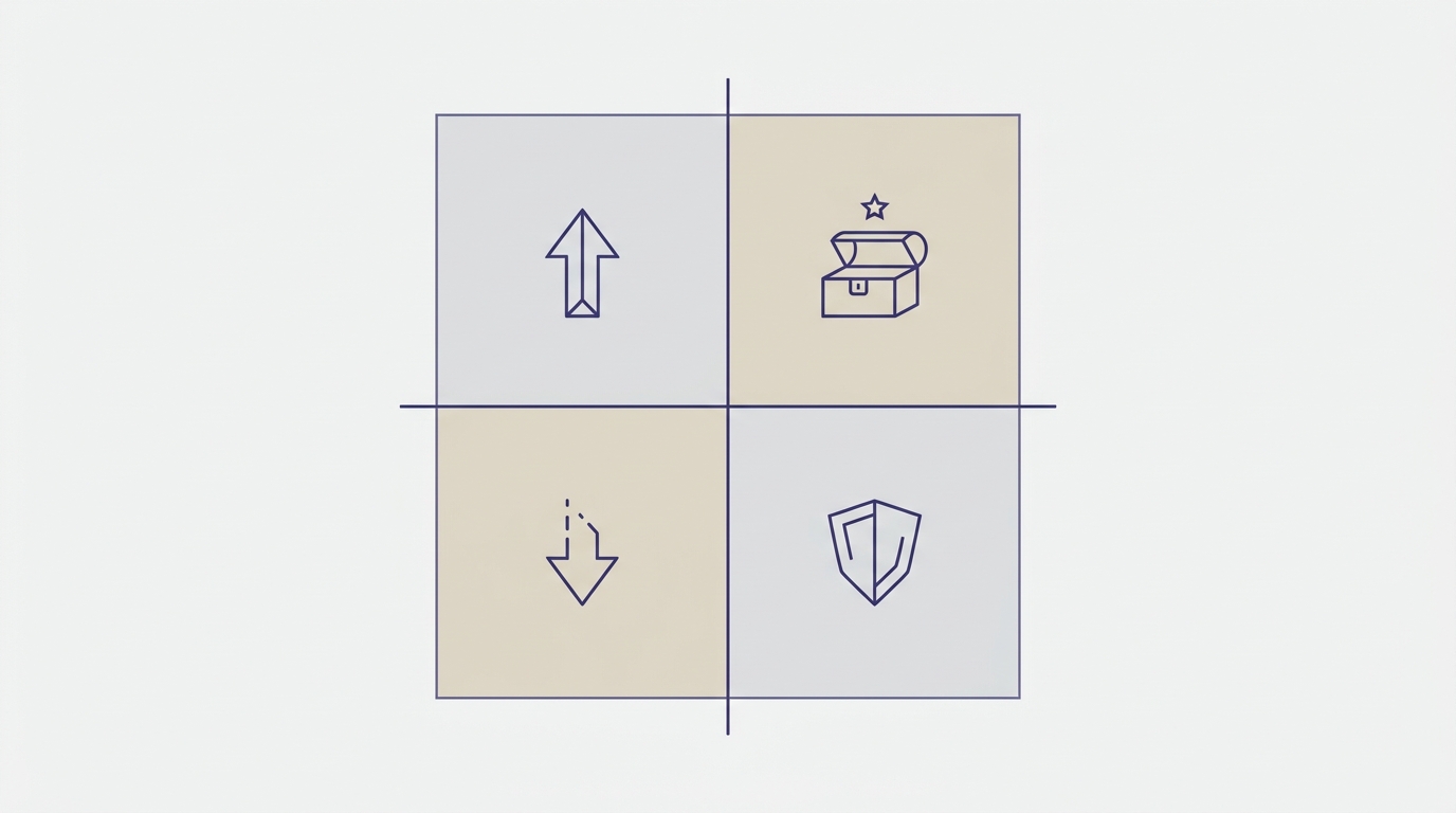 Matriz DAFO dividida en cuatro cuadrantes con líneas limpias en color índigo sobre fondo neutro minimalista.