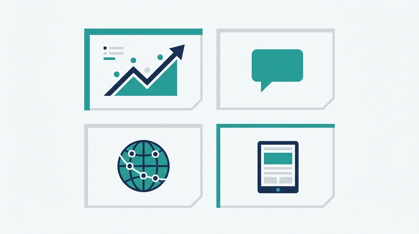 Iconografía de señales digitales: gráficos de tendencias, menciones en redes, presencia web y actividad móvil para