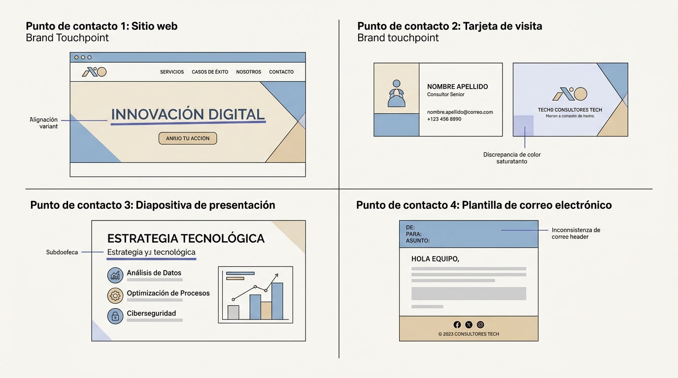 Inconsistencias de marca en sitio web, tarjeta, presentación y email de consultora tecnológica.