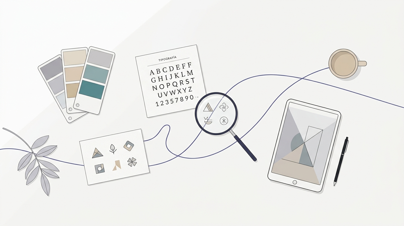 Elementos de identidad visual bajo lupa: muestras de color, tipografía y logos en escritorio minimalista.
