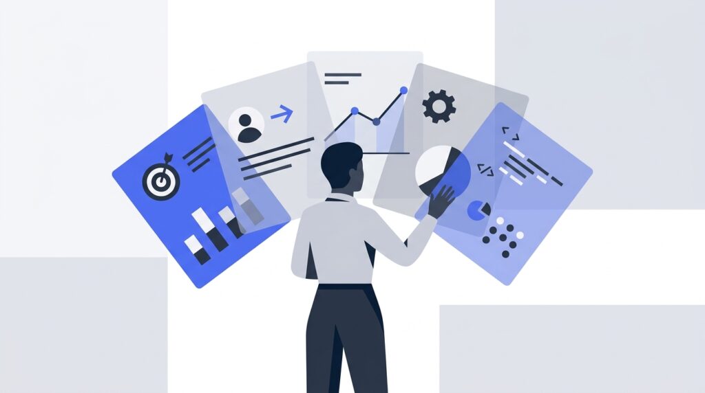 Figura profesional analizando capas transparentes con datos e iconos, representando la creación de buyer personas desde