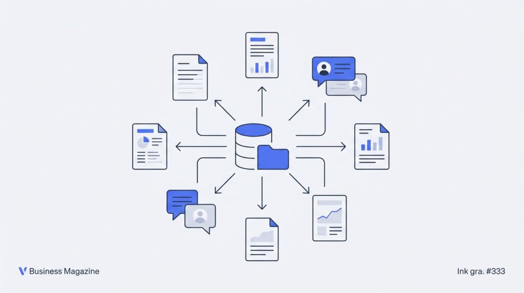 Flujo de datos conectando una base de información central con reportes y conversaciones, mostrando cómo extraer insights de