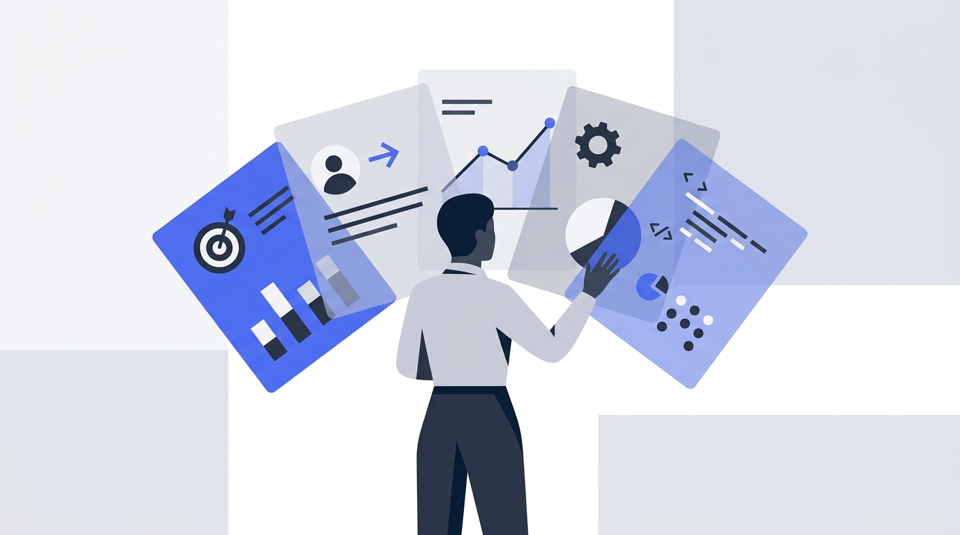 Figura profesional analizando capas transparentes con datos e iconos, representando la creación de buyer personas desde