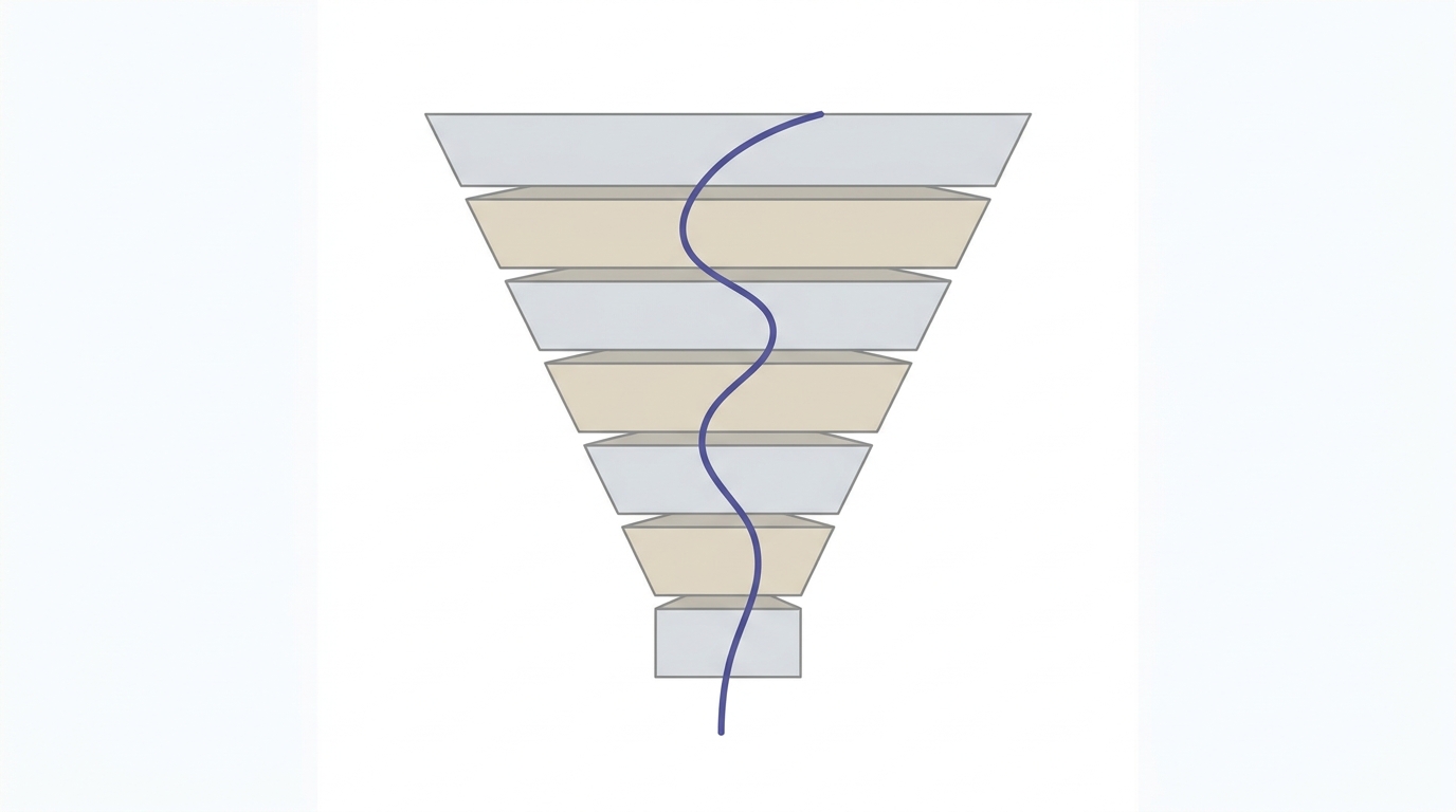 Embudo de conversión B2B con siete segmentos que representan puntos de fuga en el flujo de leads.