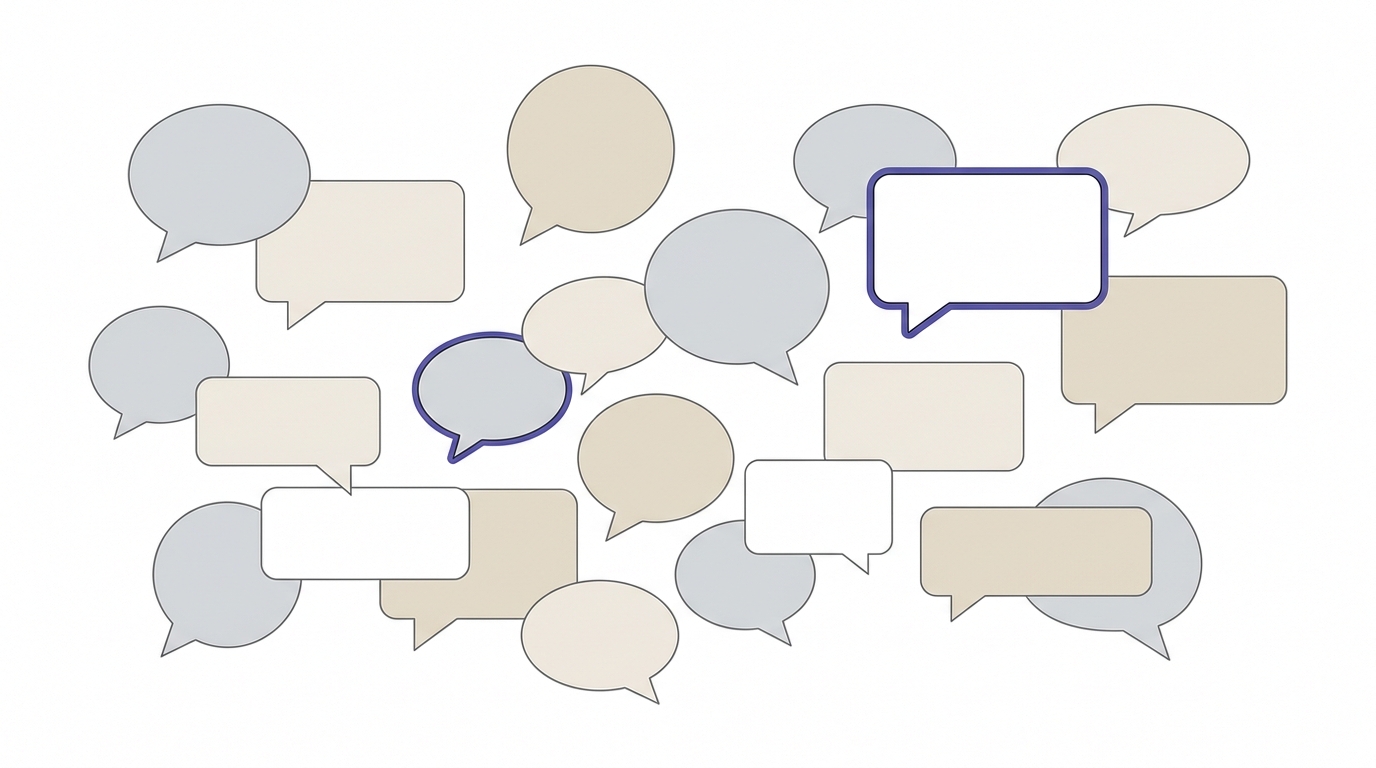 Burbujas de testimonios y prueba social B2B con línea índigo resaltando la relevancia de las referencias.