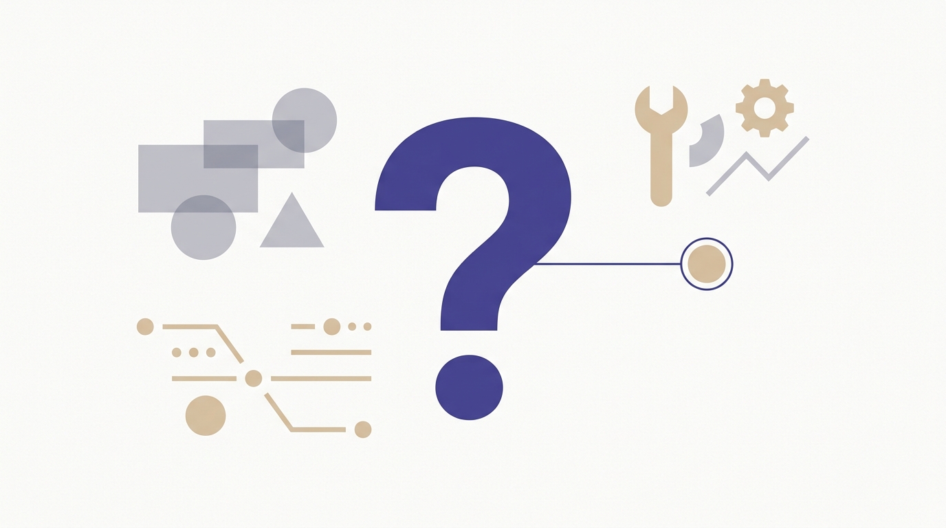 Signo de interrogación en índigo rodeado de formas geométricas de marca y herramientas IA, simbolizando la pregunta clave