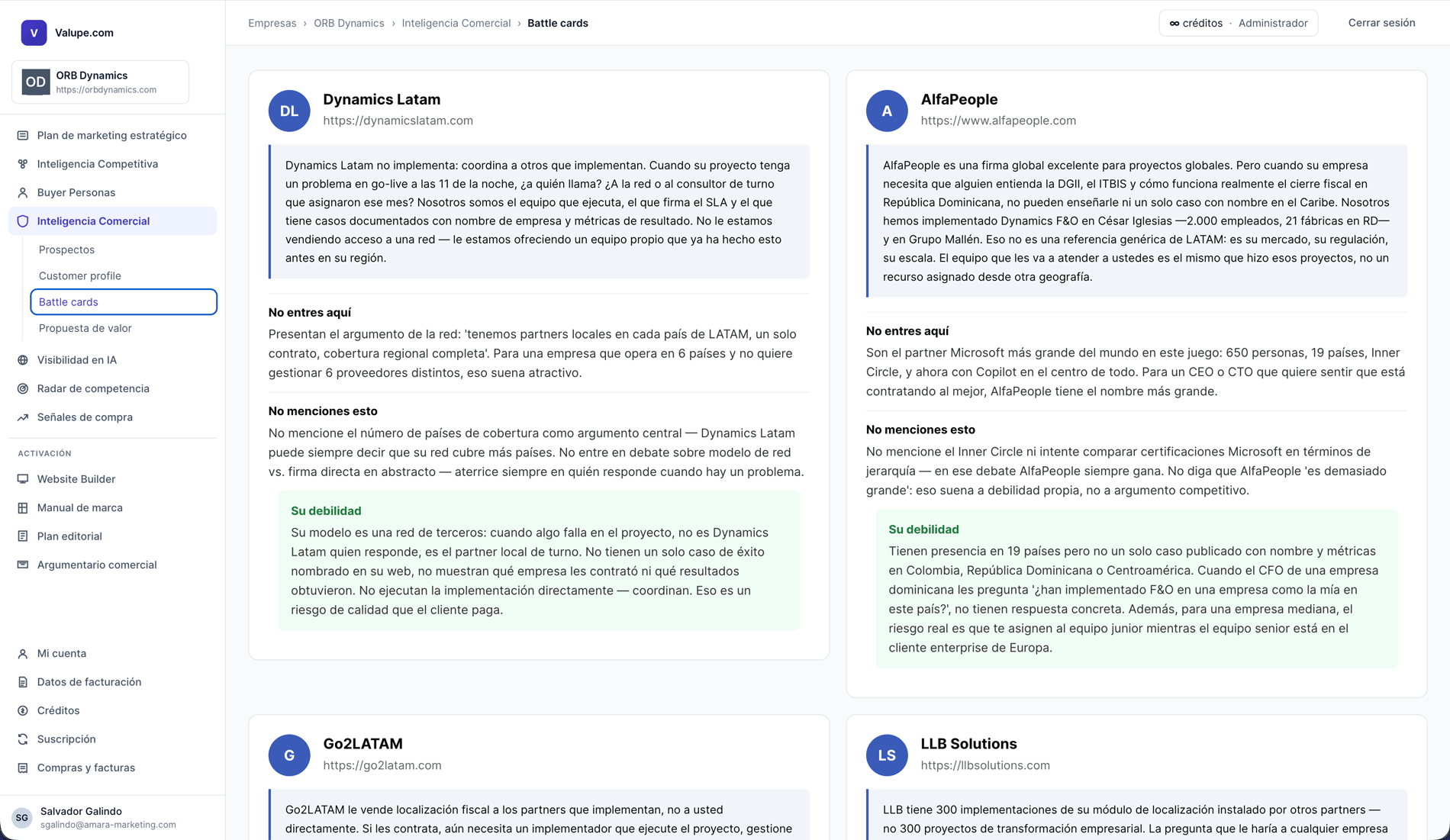 Battle card y ficha de prospecto de la herramienta de Inteligencia Comercial