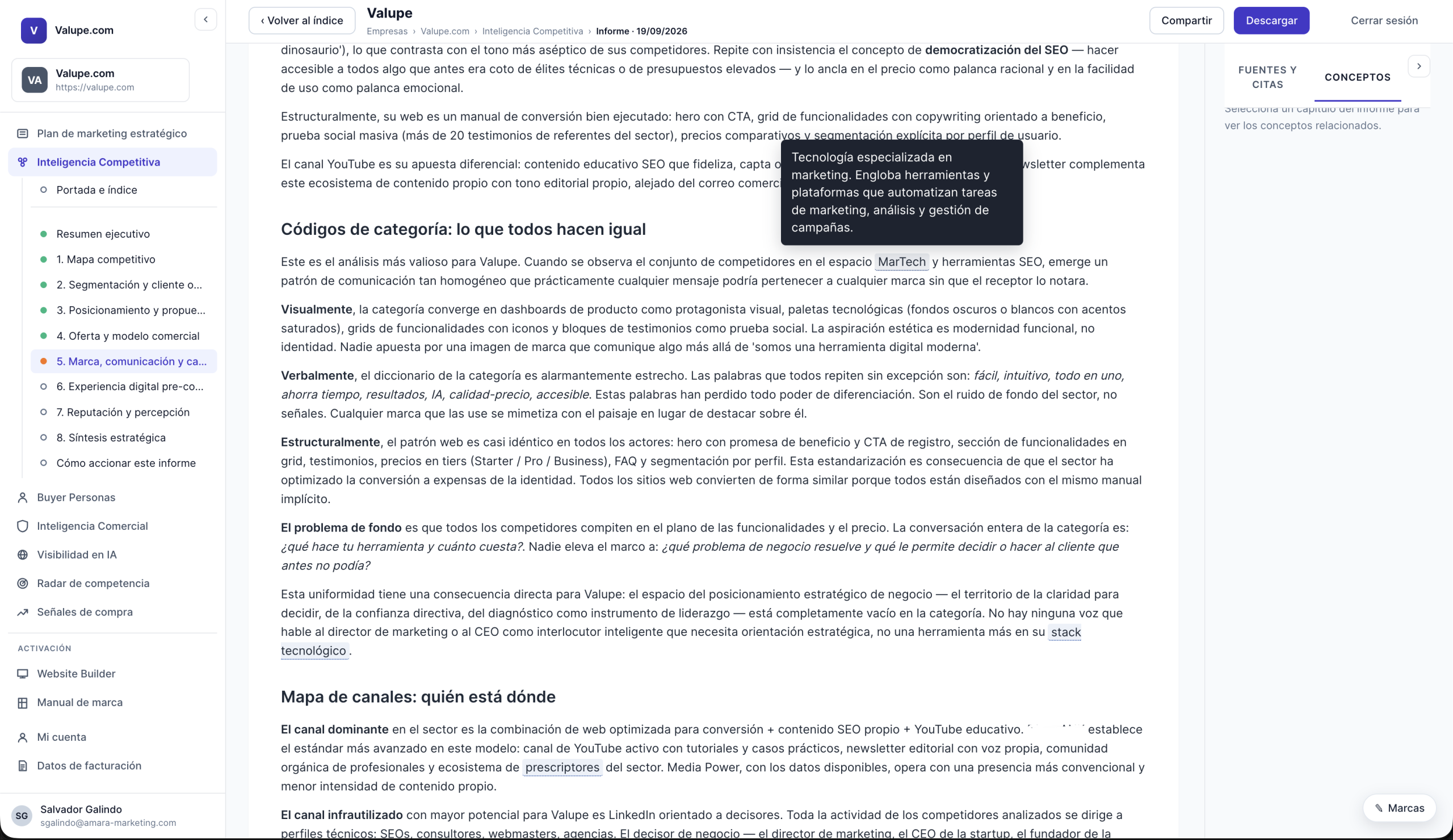 Capítulo de Competencia del Plan Estratégico de Marketing en el visor de Valupe