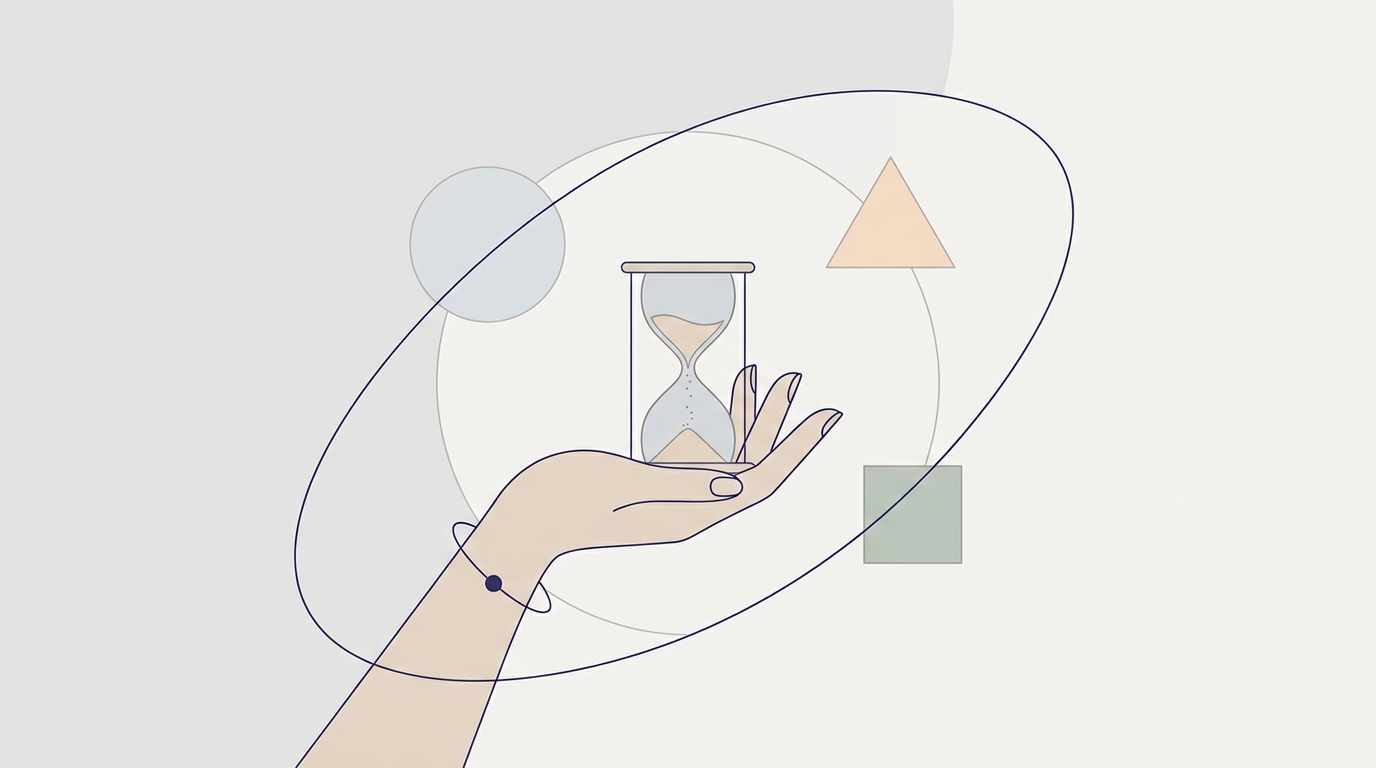 Mano sosteniendo un reloj de arena con formas geométricas abstractas alrededor, en tonos grises y arena con detalle en